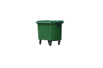 Isolated image of a large trash can with wheels on a transparent background png file.