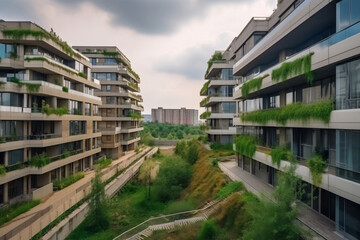 Environmental residential district of the city with green terraces of flats at daylight generative ai