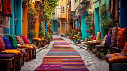 Fototapeta na wymiar Vibrant Turkish carpet adorns the cozy street