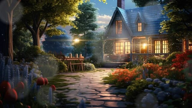 Beautiful garden, beautiful house in the forest with cartoon style. seamless looping time-lapse virtual 4k video animation background.