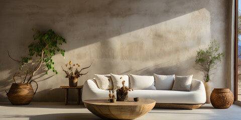 Obraz na płótnie Canvas Round white textile sofa against stucco wall with copy space. Interior design of modern living room