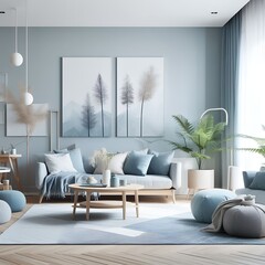 A modern living room with a light blue tone in a Nordic-style home interior design. Created with generative AI