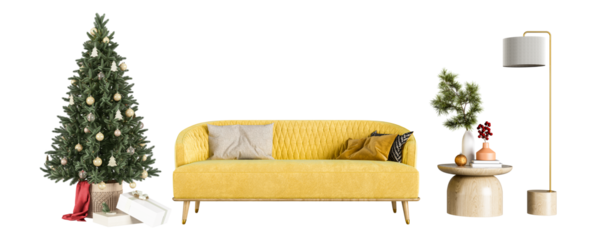 Yellow sofa and chirstmas tree, table with christmas decorations on white background