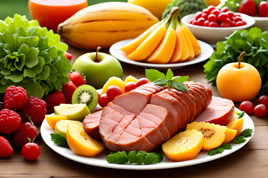 Food, Smoked chicken breast, fruit, meat, and vegetables are on the table in summer.