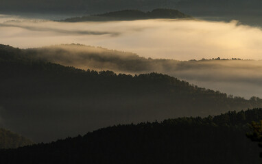 morning fog over the Roncal valley, from Alto de Coronas,, Navarra, Spain