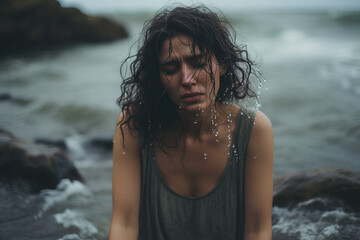Sad woman, stress or depression by beach, sea environment or nature ocean with bipolar, loneliness or burnout, Mental health, anxiety or confused person crying with doubt, crisis fail or bad problem