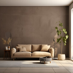 Earthy Tones: Living Room Interior with Half Tiled Wall, Generative AI