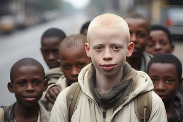 International Albinism Awareness Day is June 13th. A group of African American children with different skin types and a guy with albinism pose together. Concept of body positivity and self-acceptance
