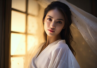 portrait of a beautiful asian girl by the window with sunset light