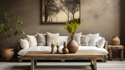 Rustic aged sofa, weathered old coffee table and houseplant in clay pots against wall with poster frame. Scandinavian home interior design of modern living room