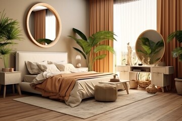 Modern glamorous bedroom with vanity table, big mirror, tropical bed, personal accessories, mock up poster, template. Generative AI