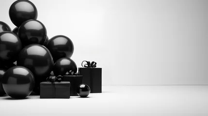 Fotobehang Black Friday, Regalos negros con globos negros sobre fondo blanco © Vletal