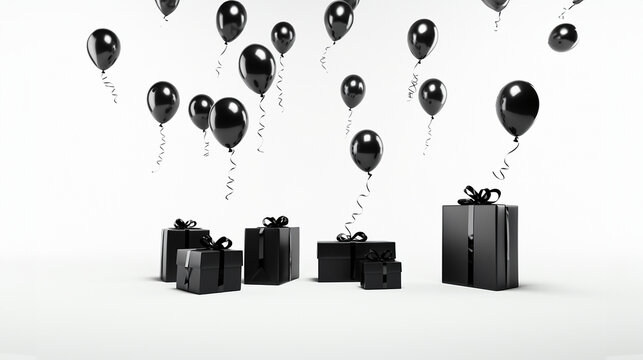 Black Friday, Regalos negros con globos negros sobre fondo blanco