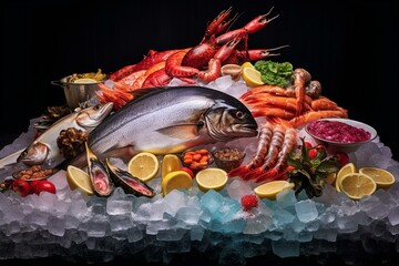 Assorted seafood display on ice. Generative AI