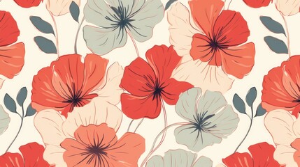 Floral pattern with delicate, minimalist flower outlines in soft hues. AI generated - obrazy, fototapety, plakaty