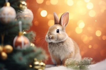 cute rabbit near the Christmas tree with decorations on the background of lights