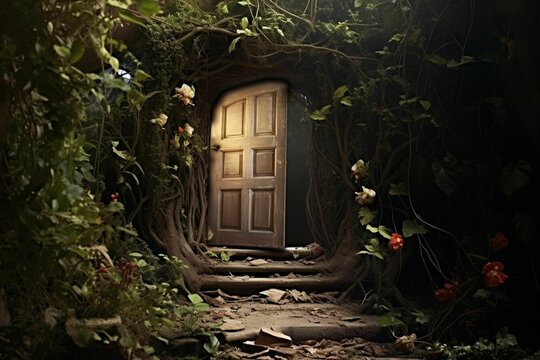 Dark and mysterious doorway entrance opens the way to a clandestine chamber, AI-generated.