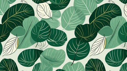 Leaf pattern with minimalist leaf shapes in various greens. AI generated