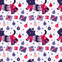 A New Year's, funny pattern with cats in carnaval costumas, christmas ball, gifts and a Christmas ball with geometric ornament. Stripes, circles, texture. For wrapping paper, textiles, decoration