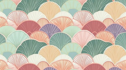 Fototapeta na wymiar Scallop pattern with repeating scalloped shapes in pastel shades. AI generated
