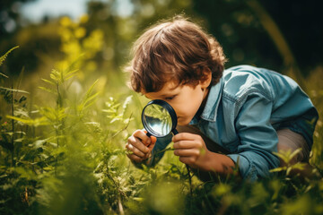 Curious child with a magnifying glass inspecting nature - Learning and education - obrazy, fototapety, plakaty