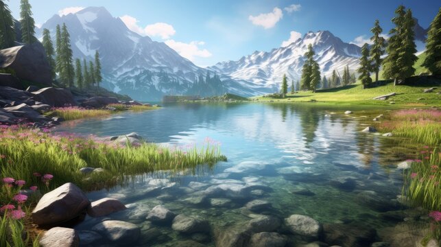 a painting of a mountain lake surrounded by grass and rocks.  generative ai