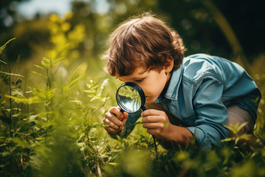 Naklejki Curious child with a magnifying glass inspecting nature - Learning and education