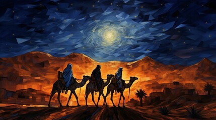 Three wisemen journey to Bethlehem at night, AI-generated.