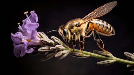  a bee sitting on top of a flower next to a purple flower.  generative ai