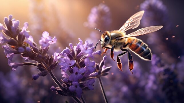  a bee is flying over a bunch of lavenders in a field.  generative ai