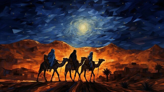 Three wisemen journey to Bethlehem at night, AI-generated.