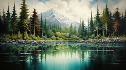  a painting of a mountain lake surrounded by trees and clouds.  generative ai