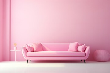 Modern minimalist interior with pink sofa on a pink color wall background. Generated by artificial intelligence