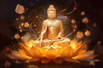 Glowing buddha statue decorated with lotuses flowers