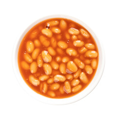 Baked beans in tomato sauce, in a white bowl. A side dish, containing white beans, cooked through a steam process. Convenience food, eaten hot or cold, served alongside barbecue foods and  picnics.