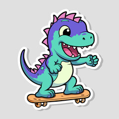 Cute dinosaur skate design vector illustration ready for print on t-shirt, stickers, design cards and etc. Cartoon dino skater child flat style character isolated on white background