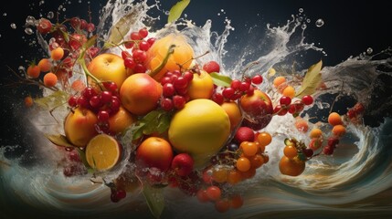 Obraz na płótnie Canvas a bunch of fruit that is in the water with water splashing around it. generative ai