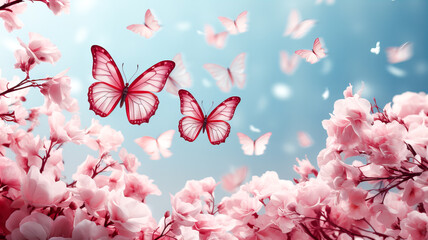 Beautiful white and red butterflies on a pink cherry blossoms . Floral background. Generative AI technology.