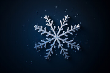Single snowflake on dark blue sky background
