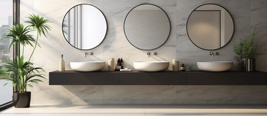 Two contemporary sinks in the bathroom accompanied by two large circular mirrors