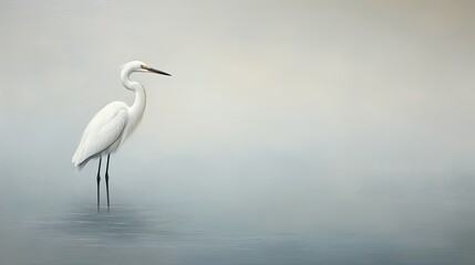  a white bird standing in the water on a foggy day.  generative ai