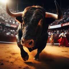 spanish bullfight with a matador in the arena, portrait of a bull in the arena