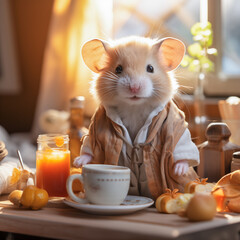 Cute little mouse in a bathrobe with a cup of coffee in the morning - obrazy, fototapety, plakaty