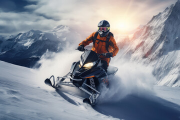 A man rides a snowmobile in the snowy mountains. Outdoor winter recreational lifestyle adventure and sport activity.