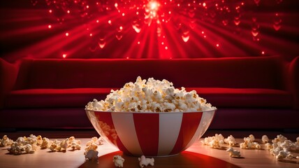 Kinofeeling zu Hause: Popcornschale vor großem Fernsehbildschirm - obrazy, fototapety, plakaty