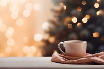 Weihnachtliche Behaglichkeit: Tasse Tee mit Dampf, Weihnachtsbaum und Kuscheldecke - obrazy, fototapety, plakaty