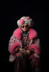 Granny in a bright rosical coat with floral necklaces in various colors with glasses and flowers in hair.