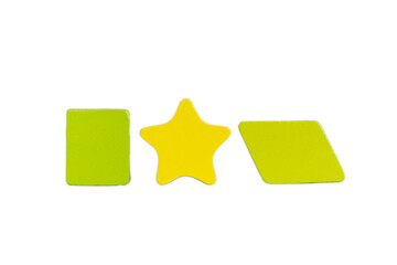 colored geometric shapes in wood, rectangle, star and parallelogram with transparent background