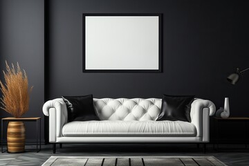 Modern white leather sofa with legs and cushions in a minimalist living room with black walls with a picture. Modern living room interior. Generated by artificial intelligence