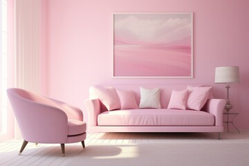 Modern minimalist interior with sofa, armchair and picture on a pink color wall background. Generated by artificial intelligence